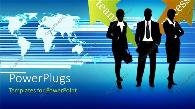  Presentation with business people silhouette - A silhouette of three business people on a world map background