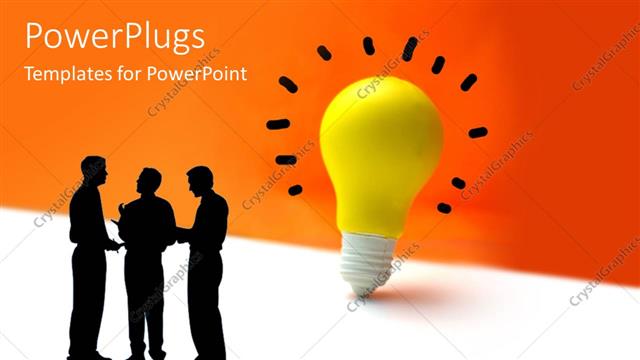  Presentation with ideas - Silhouette of three men discussing with yellow light bulb depicting ideas