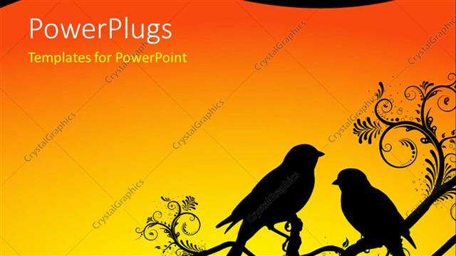  Presentation with branch - Silhouette of two birds sitting on ornate branch with orange sunrise background