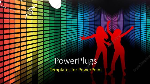  Presentation with colorful music - Silhouette of two people on black surface with colorful bars and music symbols?