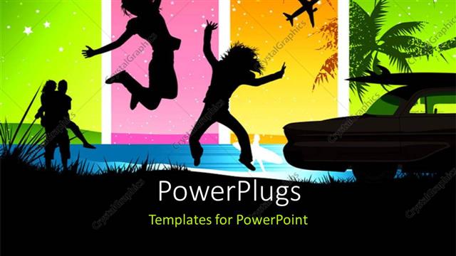  Presentation with summer - A silhouette of two people jumping happily on a colorful background