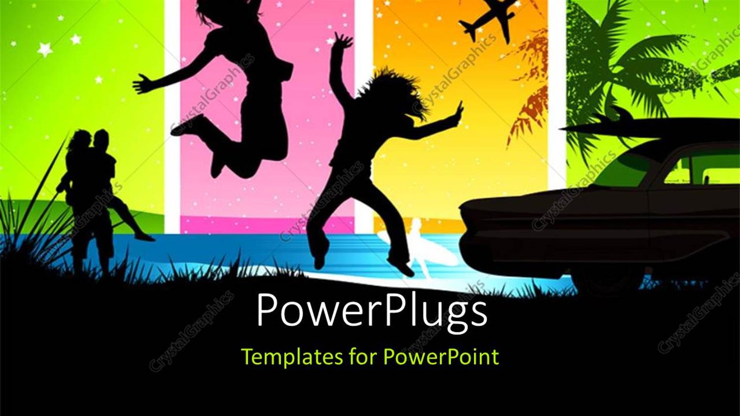 Featuring a Silhouette of Two People Jumping Happily on a Colorful Background