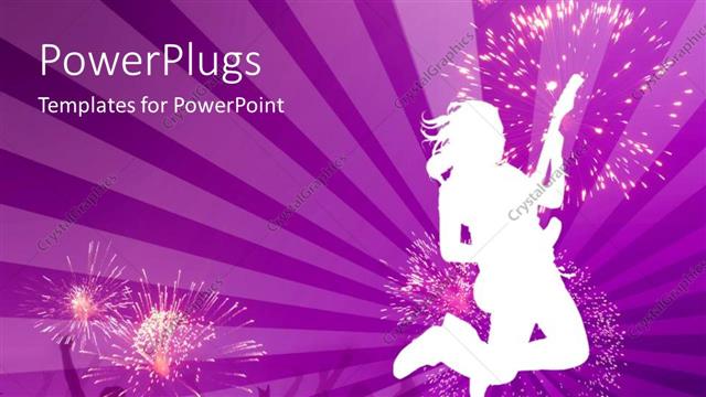  Presentation with concert - Silhouette of woman jumping while playing guitar, fireworks, concert, purple background