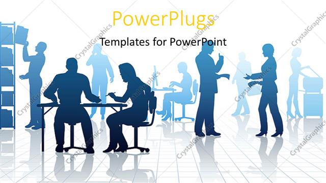  Presentation with busy - Silhouettes of business people in a busy office with reflections