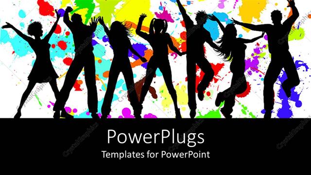  Presentation with dancing silhouettes - Silhouettes of dancing party goers, white background splattered with bright colors