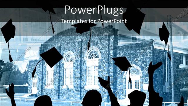  Presentation with tossing - Silhouettes of graduating students tossing their graduation caps in the air, university college building in the background