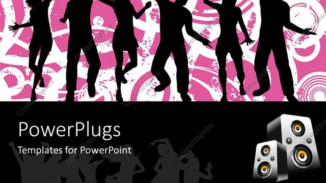  Presentation with border pink - Silhouettes of people dancing on pink and white grunge background, speakers on black border