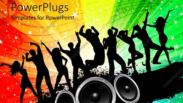  Presentation with dancing silhouettes - Silhouettes of people dancing on a starry multi colored background with loudspeakers
