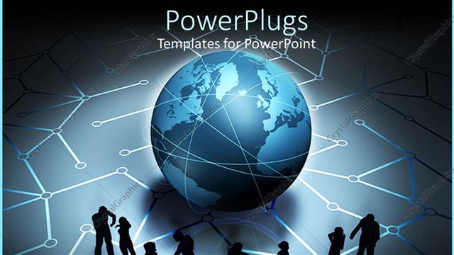  Presentation with communication - Silhouettes of people interacting in pairs in front of globe