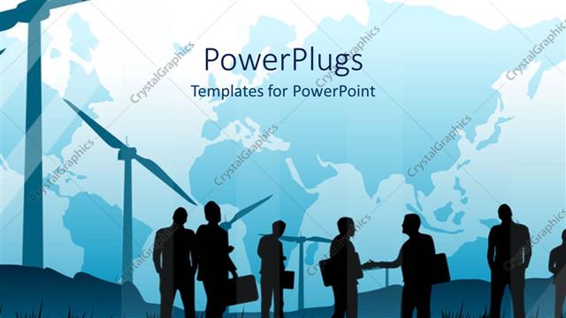  Presentation with windmills - Silhouettes of people with suitcases on grass and windmills, world map in the background