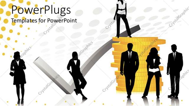  Presentation with gold silver - Silhouettes of professional men and women with silver check mark next to stack of gold coins