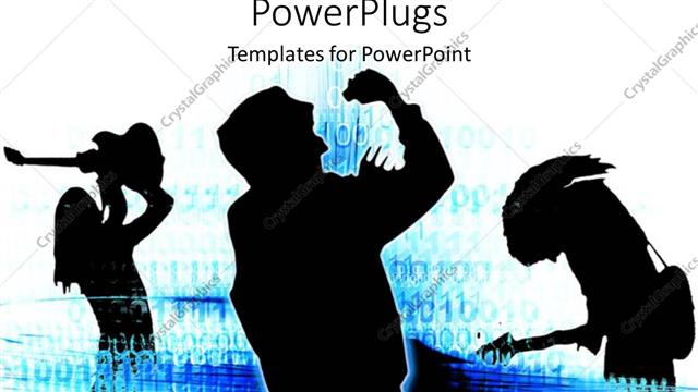  Presentation with singer - Silhouettes of rock singer, guitarist, and bass player on white blue background
