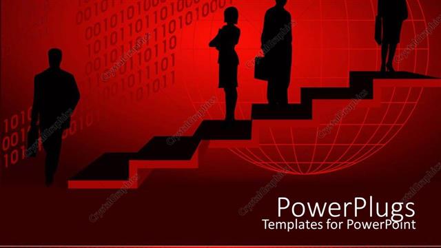  Presentation with stairs - Silhouettes on stairs with grid globe on wine background