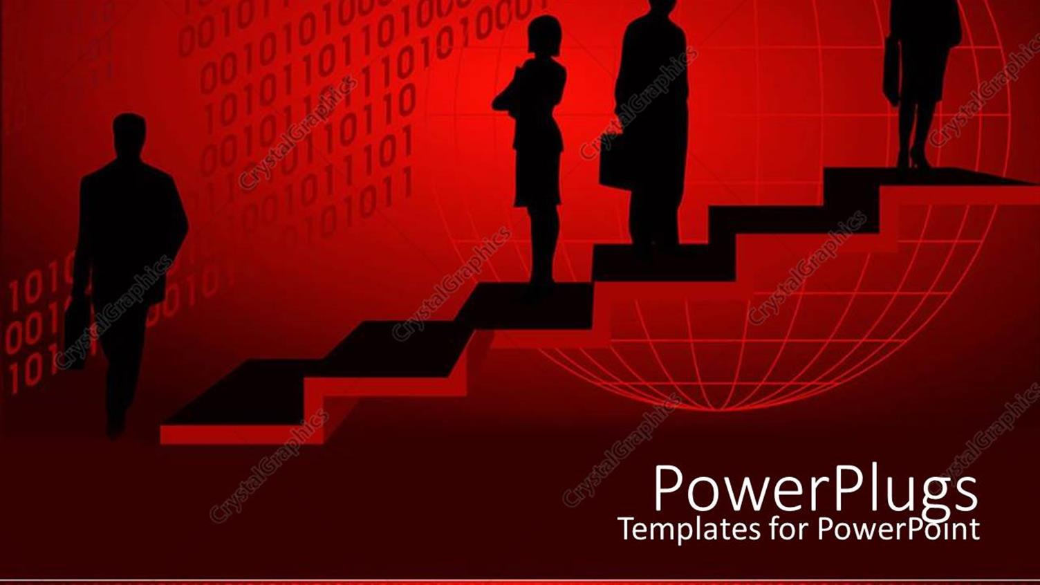 Featuring Silhouettes on Stairs with Grid Globe on Wine Background