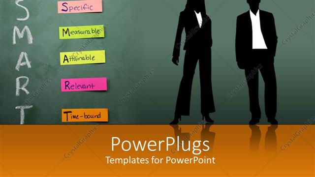  Presentation with goals - Silhouettes of two business people in front of blackboard with SMART Goals sticky notes