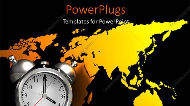  Presentation with alarm - Silver alarm clock over yellow world map in background