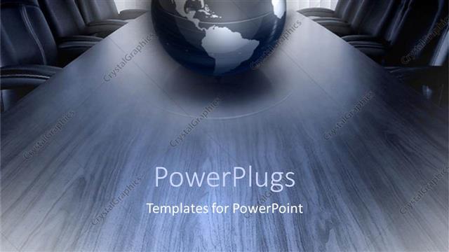  Presentation with conference table - Silver and black globe on conference room table surrounded by empty chairs