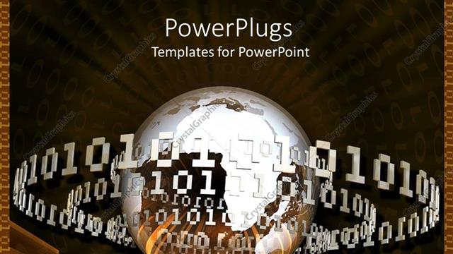  Presentation with code - Silver and bronze globe orbited by binary code rings on dark background