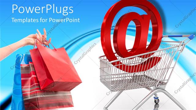  Presentation with shopping - Silver colored shopping cart with an @ symbol inside and shopping bags