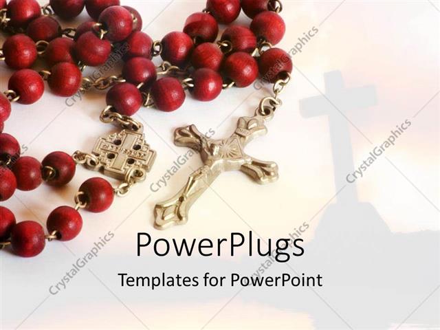 PowerPoint Template Silver Cross On Red Rosary Beads Church Steeple 