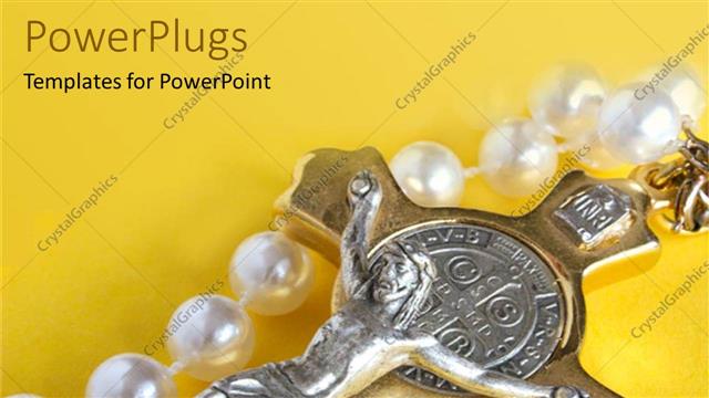  Presentation with gold silver - Silver Jesus on gold cross with pearls on yellow background