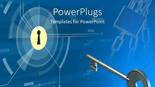 Presentation with lock key - Silver key for lock on a blue background as a metaphor for problem and solution