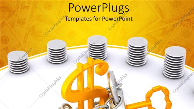  Presentation with golden dollar sign - A silver padlock with a golden key chained to a dollar sign