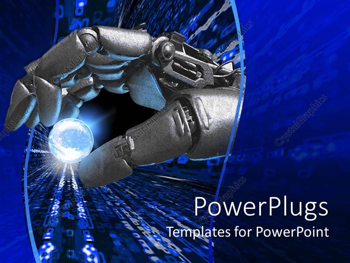PowerPoint Template silver robot hand holding a glowing Earth representation between