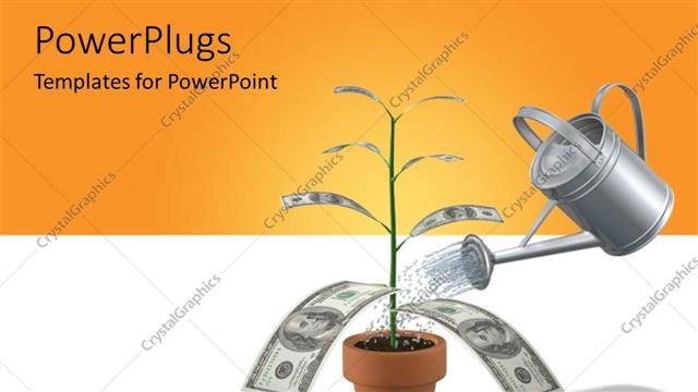  Presentation with growth - A silver watering can pouring water into a money plant