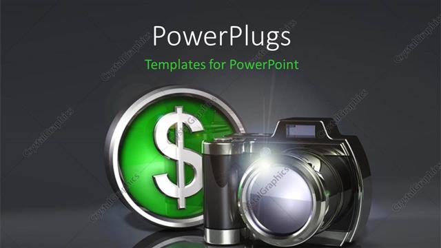  Presentation with dark simple - Simple dark camera sitting on a reflective gray surface and dollar symbol with dark grey color
