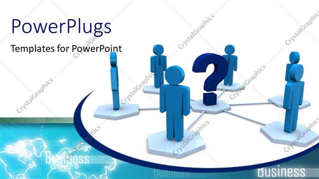  Presentation with leader - Six 3D men circle round large question mark symbol in middle