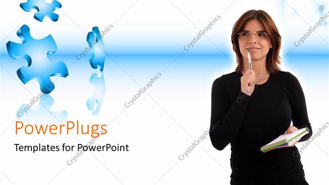  Presentation with blue puzzle pieces - Six blue colored puzzle pieces with an adult female thinking