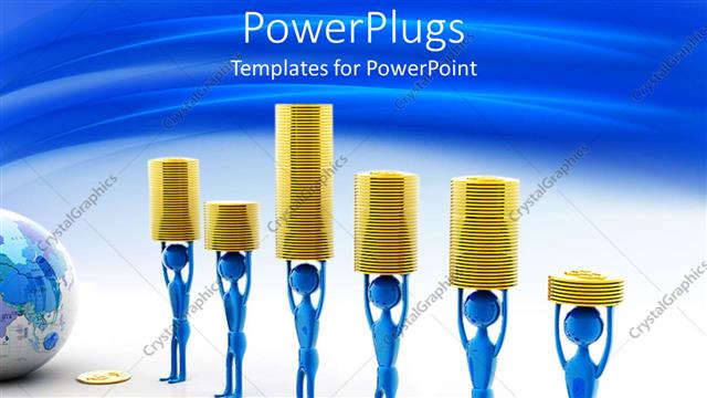  Presentation with blue gold - Six blue figures holding stacks of gold coins next to globe on white background