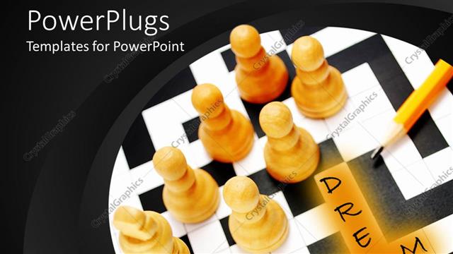  Presentation with puzzle team - Six chess pawns and king sitting on crossword puzzle