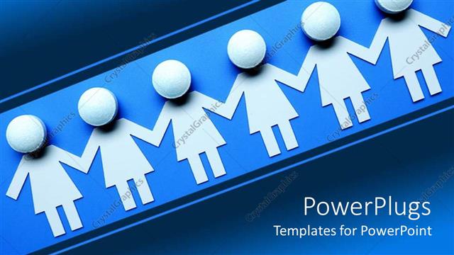  Presentation with team hands - Six female paper cut ladies holding hands on a blue bacjground