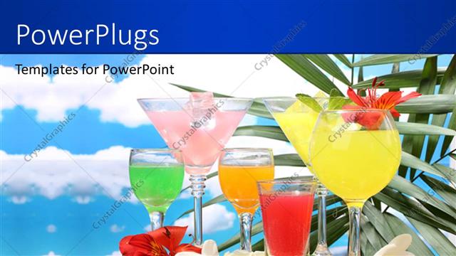  Presentation with lemons - Six glasses with colorful cocktails and sliced lemons and flowers