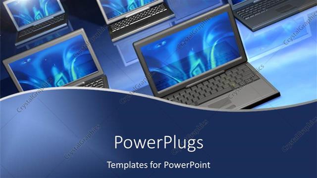  Presentation with network - Six laptops with blue screens on glossy reflecting surface