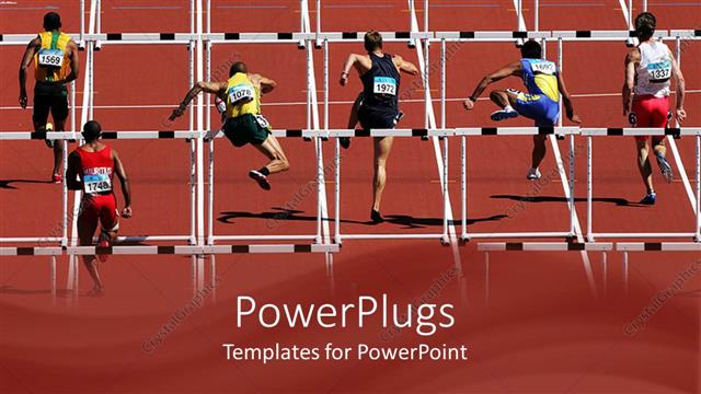  Presentation with running - Six men running over hurdles in a race on racing ground