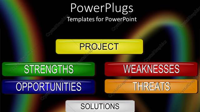  Presentation with project - Six multi colored  project management tags for SWOT analysis