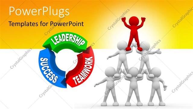  Presentation with team leadership - Six people human pyramid next to leadership, success and teamwork cycle