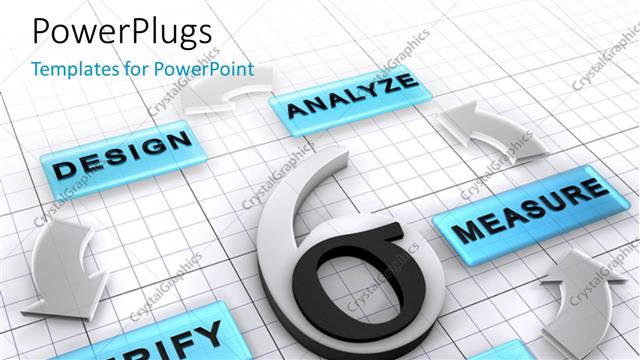  Presentation with steps - Six Sigma surrounded by new business project strategy steps Define Measure Analyze Design Verify