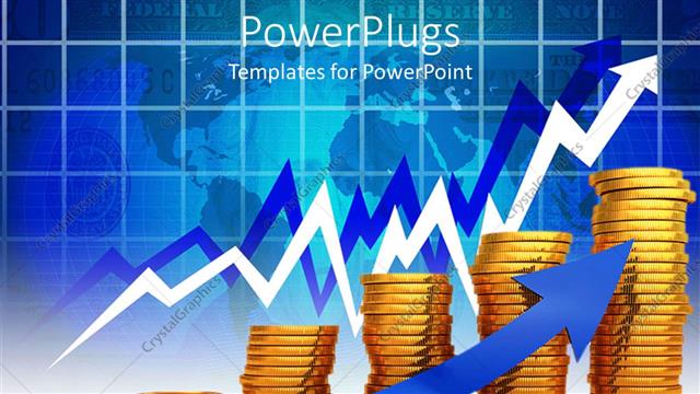  Presentation with blue gold - Six stacks of gold coins with a large blue arrow