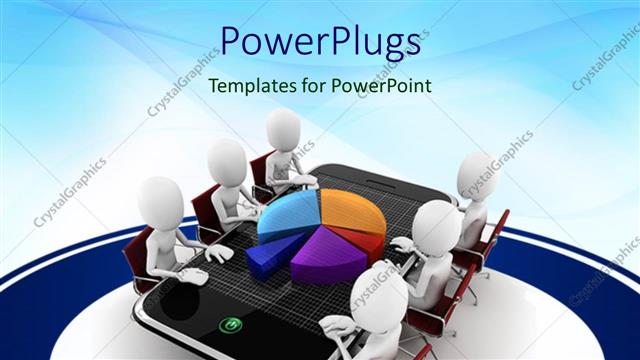  Presentation with conference - Six white figures sitting around smart phone table with three dimensional exploded pie chart