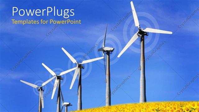  Presentation with windmills - Six windmills on sunflower field over blue sky background