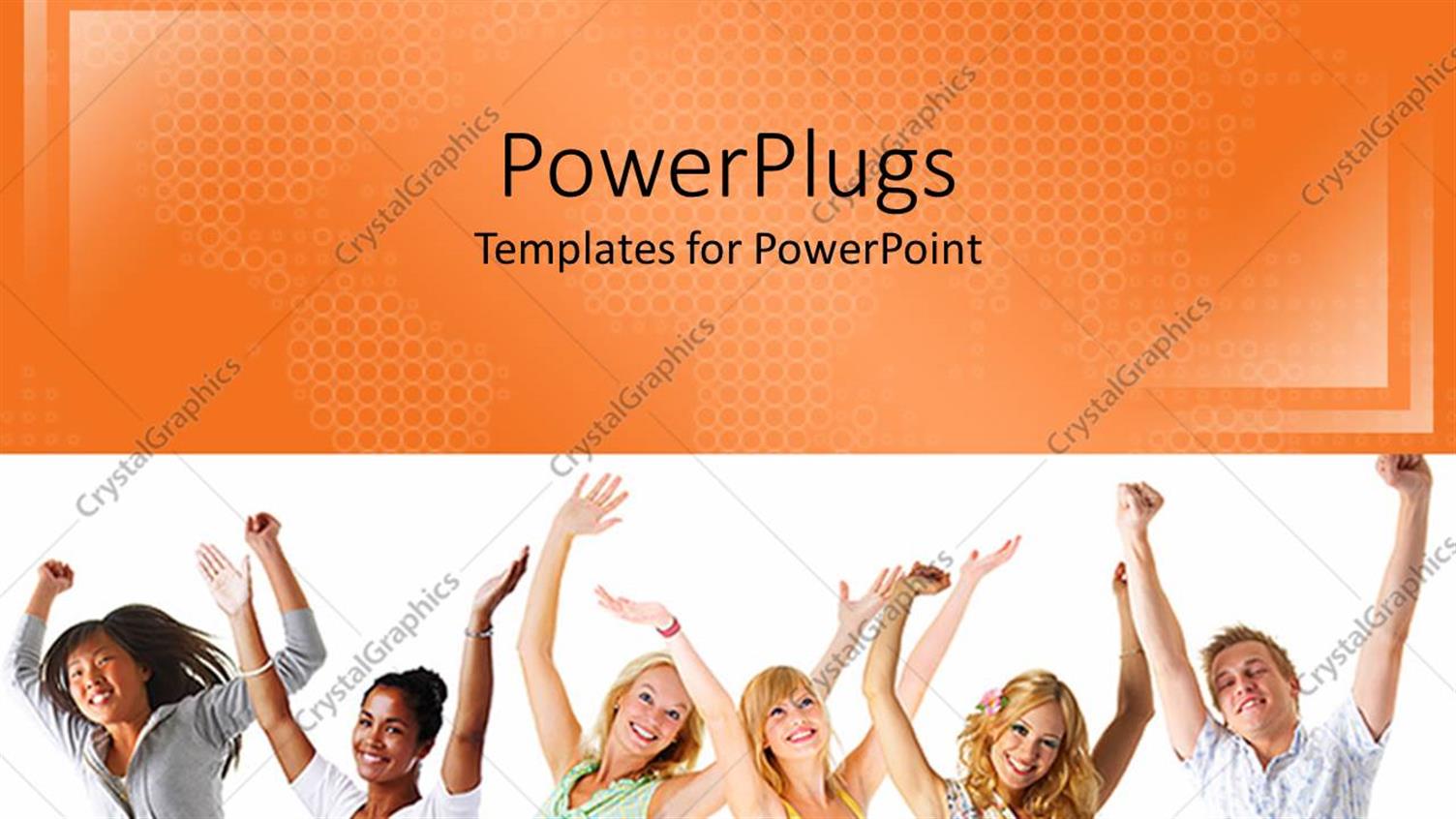 Featuring Six Young Friends Lift Hands in Celebration on White Background
