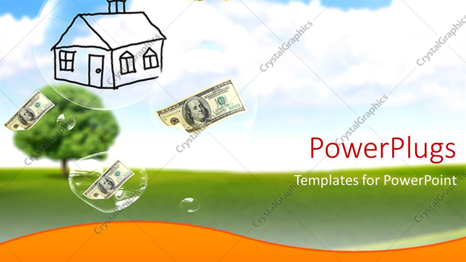 Featuring Sketched Building with Dollar Bills Falling in Water Droplets Over Green Field