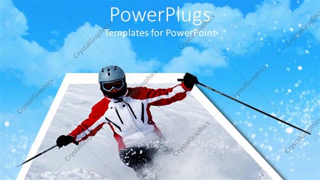  Presentation with white snow - Skier in white and red outfit gliding on snow