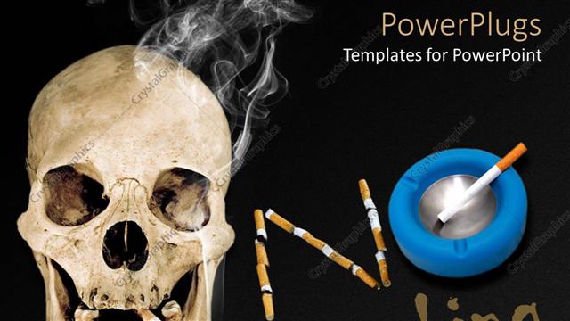  Presentation with smoking ashtray - Skull with lit cigarette no smoking, blue ashtray