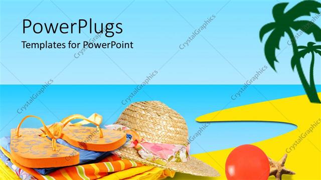  Presentation with slipper - Slipper, hat, summer clothes placing near sea with blue sky