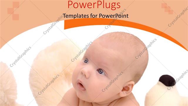  Presentation with teddy bear - Small baby laying on soft white teddy bear holding head up to look at something